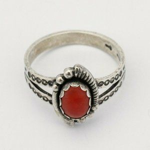 Vintage Native American Navajo Etched Band Sterling Silver 925 Coral Ring Size 7